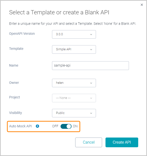Selecting the 'Auto Mock API' option Selecting the 'Auto Mock API' option